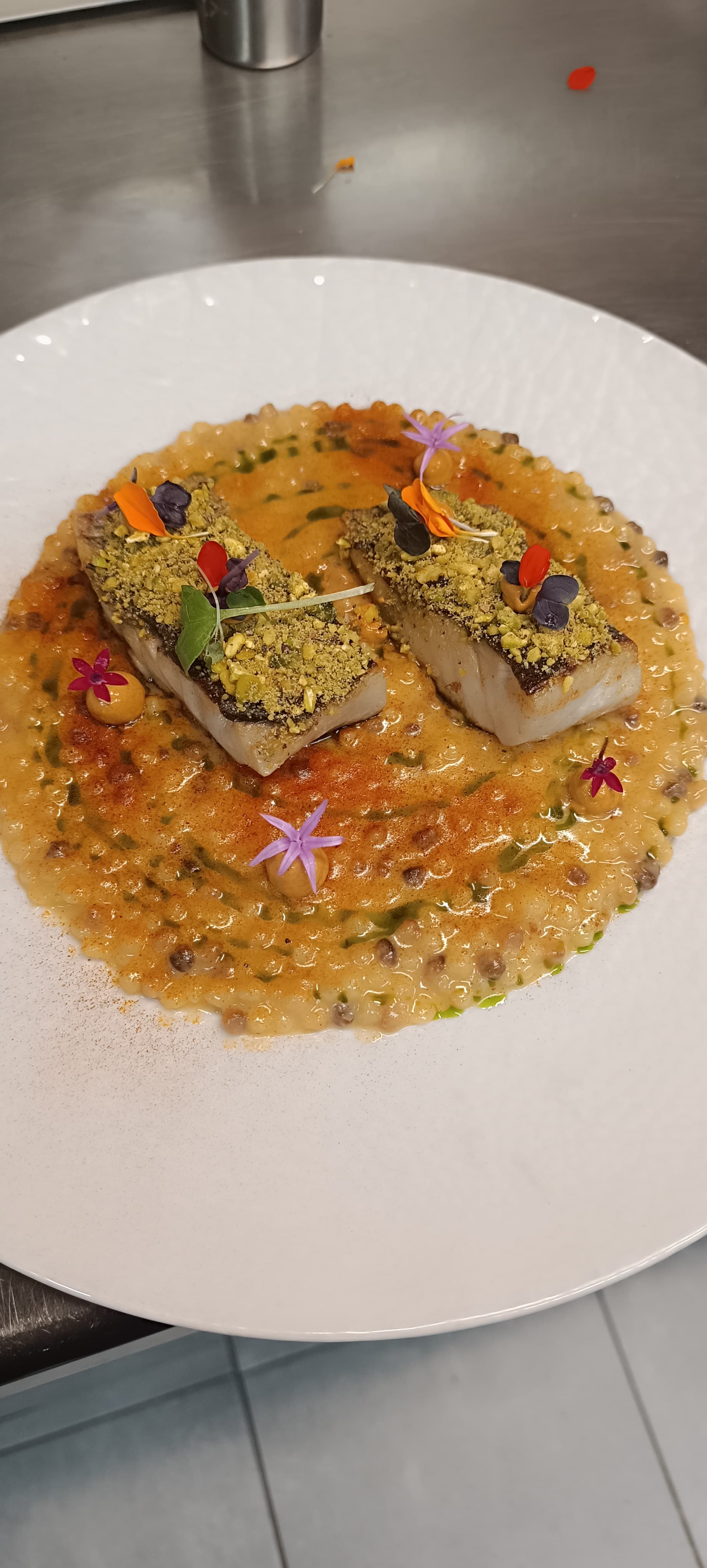 Fish with pistachio crust on lentils